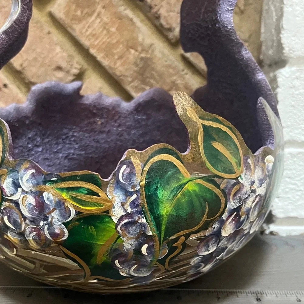 Vtg Hand-Painted Gourd Basket Hanging Planter Pot Stitched  Prple‎ green gold